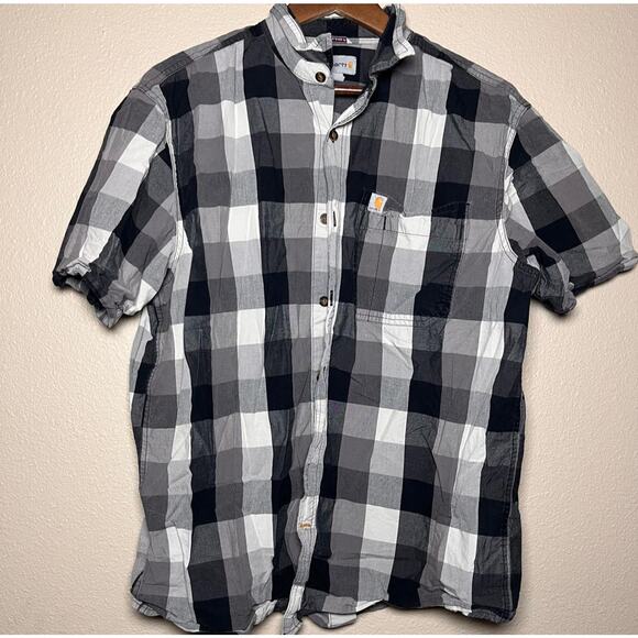 ⚫ Carhartt 🪵 Black & Gray Buffalo Plaid Short-Sleeve Button-Up – L - Picture 1 of 5
